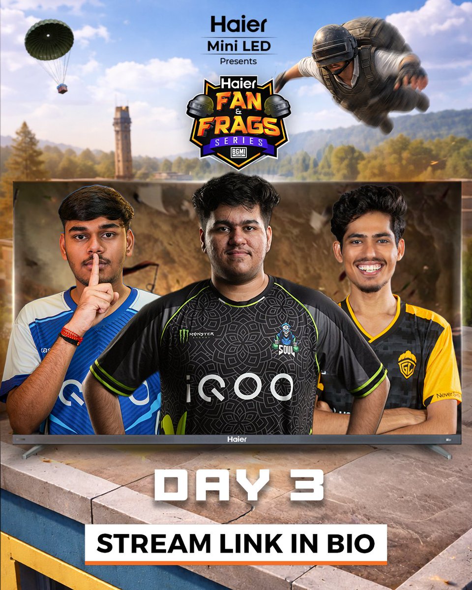 IndiaHaier's tweet photo. Final day. No second chances. 💥
Day 3 of the Haier Fan & Frags Series is where pressure peaks and legends are made.
Watch it unfold live on Haier YouTube Channel - Streaming link in bio.
#HaierxBGMI #FanAndFragsSeries #HaierMiniLED #GamingTVOfTheYear https://t.co/mkxtpZNHvh
