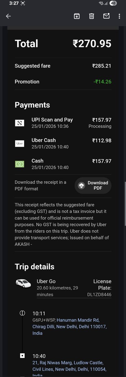 Sampamson's tweet photo. @Uber_Support I was charged unfairly by a driver who refused to accept Uber Cash/discount shown in the app. Final fare was ₹157.97, but he demanded full amount and wouldn’t let the passenger leave until paid. Please take strict action and train drivers properly.
@Uber_India https://t.co/FzLr9YHK7o