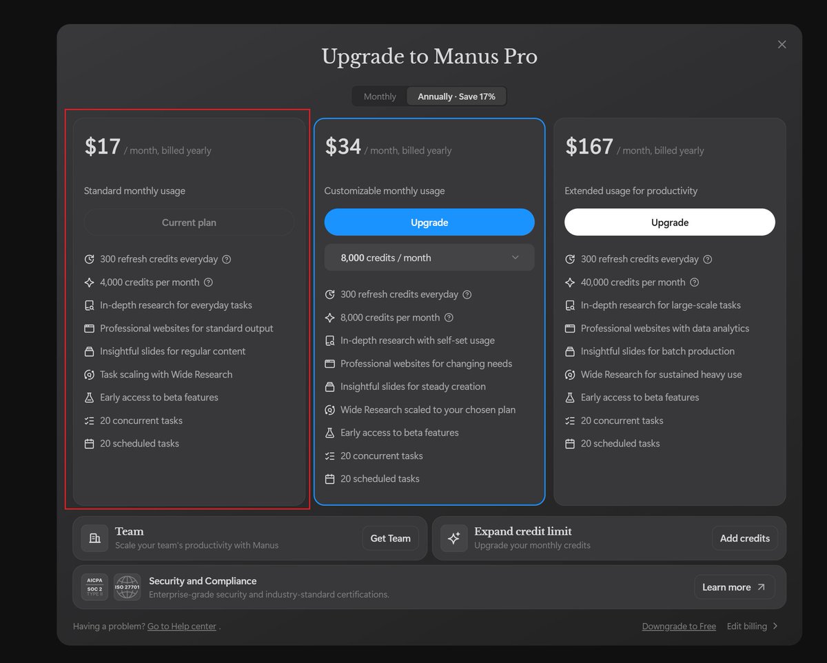 Manus Pro 200$
(带 aff)manus.im/invitation/56Q…

新号使用code： UES2NKQV9XKT

1. 用新注册的号，才能用 code
2. 升级的时候选择按年，第一个 17刀的选项
3. 付款的时候，选择【美元】，然后选择【支付宝】付款
4. 升级完成后，最重要的是，去支付宝取消签约。