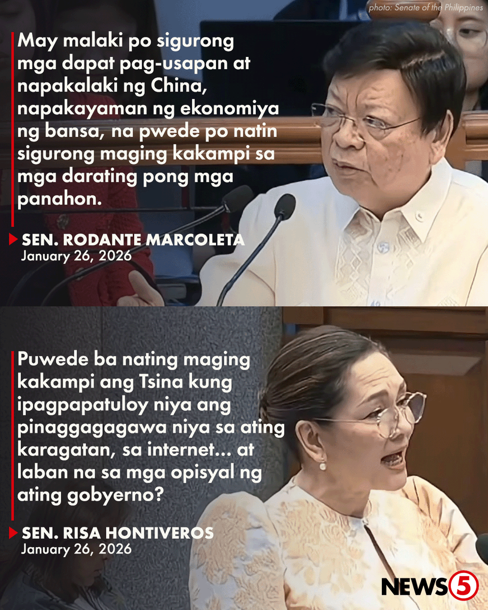 News5PH's tweet image. SEN. HONTIVEROS VS. SEN. MARCOLETA

Tinabla ni Sen. Risa Hontiveros ang mungkahi ni Sen. Rodante Marcoleta na gawing kaalyado ng Pilipinas ang China.

Ayon kay Marcoleta, mayaman ang China kaya malaki rin daw ang pwedeng pakinabang na makukuha ng bansa kung mas magiging malapit…