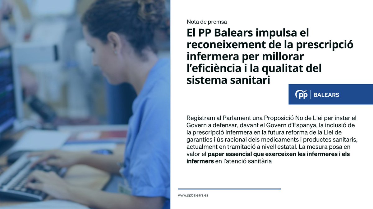 El <a href="/ppbalears/">PP Balears</a> impulsa el reconeixement de la prescripció infermera per millorar l’eficiència i la qualitat del sistema sanitari

Tota la informació 👉cat.ppbalears.es/el-pp-balears-…
