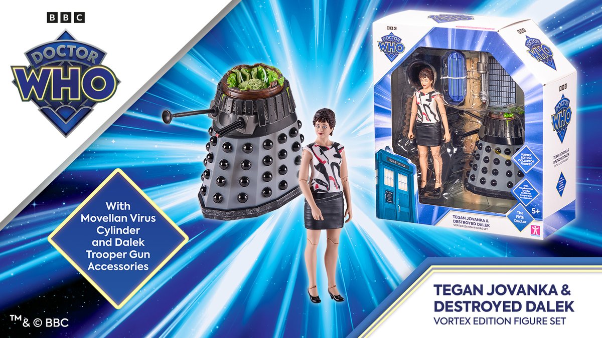 CharacterToysUK's tweet photo. The first #DoctorWho exclusive figure set of 2026 has landed 🤩 

The ‘Vortex Edition’ of the Tegan Jovanka &amp; Destroyed Dalek is now available exclusively via the Character Options website. 

Shop now 👉 https://t.co/kFYRTPR4lQ https://t.co/ssxWwtZPO5
