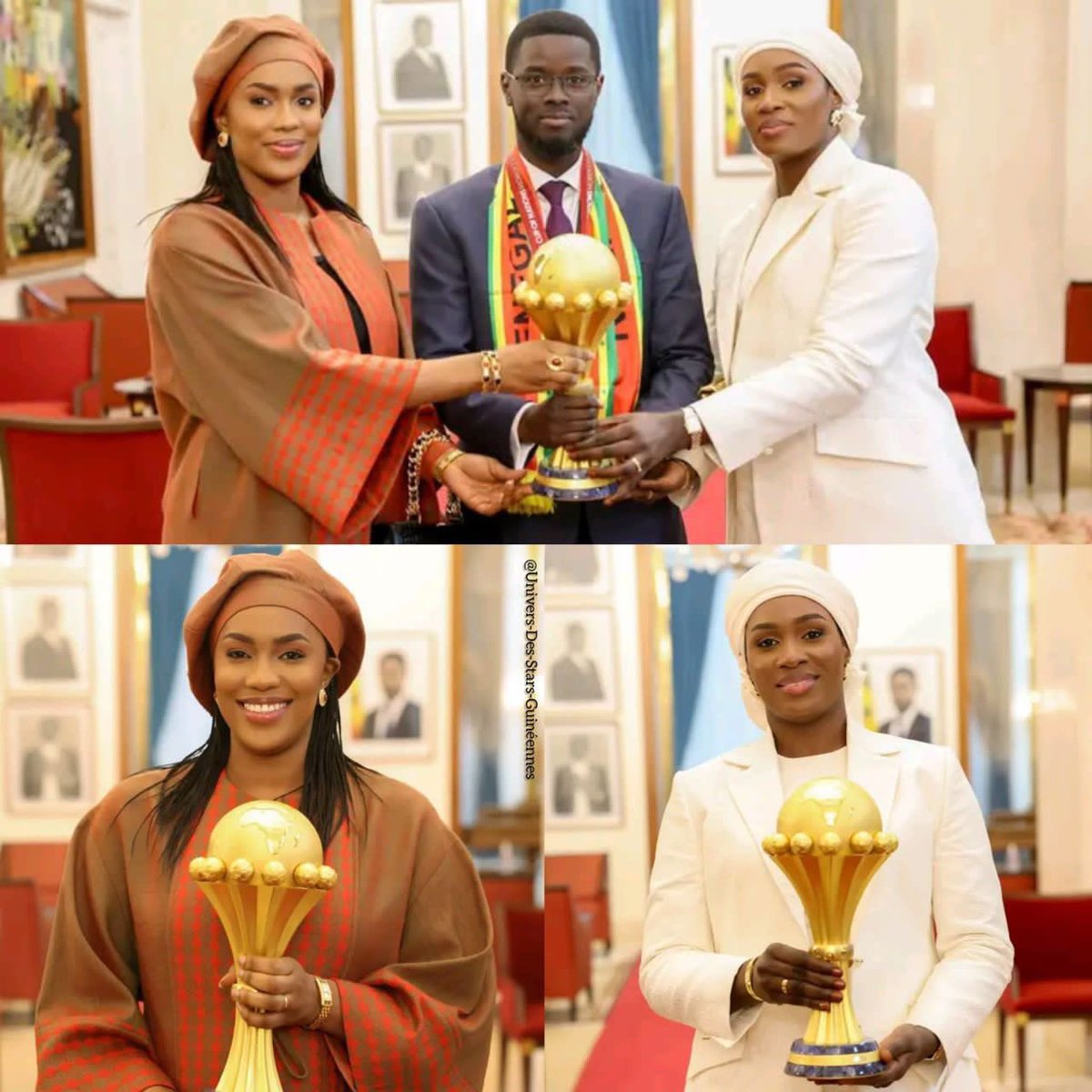 The President of Senegal receives the AFCON Cup with his two wives.