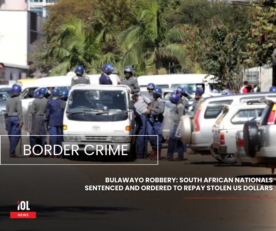 IOL's tweet image. Two South Africans, Nonjabulo Wisdom Nyoni and Chrisvision Ncube, were convicted of armed robbery in Bulawayo, Zimbabwe. 
#SouthAfrica #Zimbabwe #ArmedRobbery #JusticeServed #CrossBorderCrime
Read on: tinyurl.com/tszvdjrc