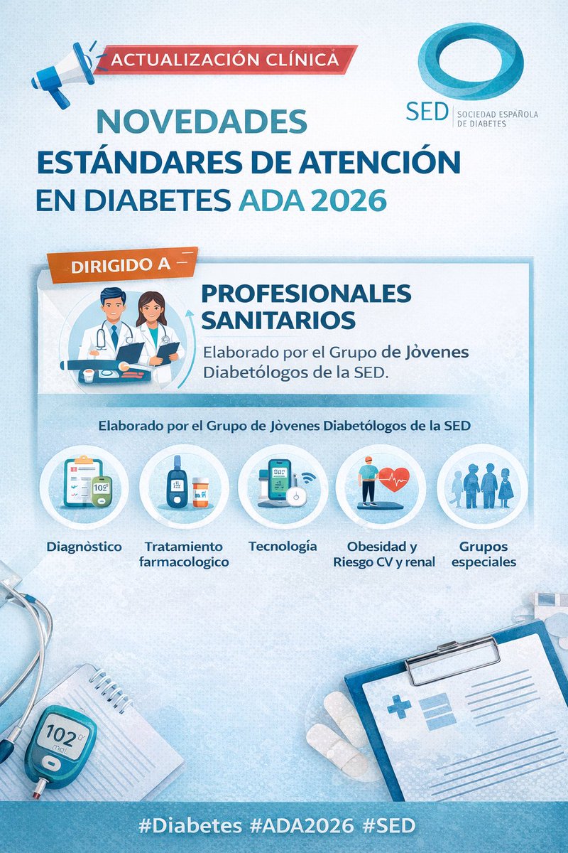 🔍 Ya disponibles las novedades de los Estándares de Atención en Diabetes ADA 2026 <a href="/AmDiabetesAssn/">American Diabetes Association</a> 

📄 Documento elaborado por nuestro Grupo de Jóvenes Diabetólogos , centrado en los cambios clave que impactan en la práctica clínica diaria: diagnóstico, tecnología, obesidad,