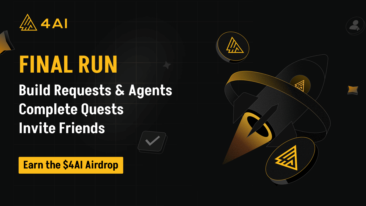 4aibsc's tweet image. Final Run - Earn More $4AI Before TGE

Want to maximize your rewards? Focus on these 3 key actions:

1️⃣ Daily Interaction
Create 1 Request + 1 Agent every day. Keep it up for 3 days to unlock a massive 50% bonus.

2️⃣ Social Quests
Complete new tasks as they drop weekly.

3️⃣…