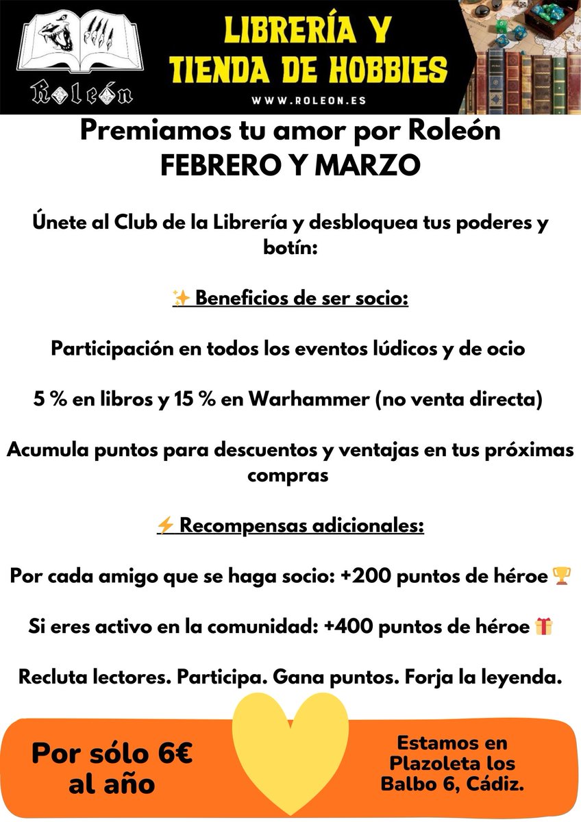 Roleon_ES's tweet image. 🧙‍♂️ PROMO SOCIOS | FEB–MAR 🧙‍♀️
✨ Eventos, descuentos y puntos épicos
📚 5% libros | ⚔️ 15% Warhammer
🏆 +200 pts por amigo | 🎁 +400 pts si participas
🔥 Recluta. Juega. Gana.
#books #rpg #tabletopgaming