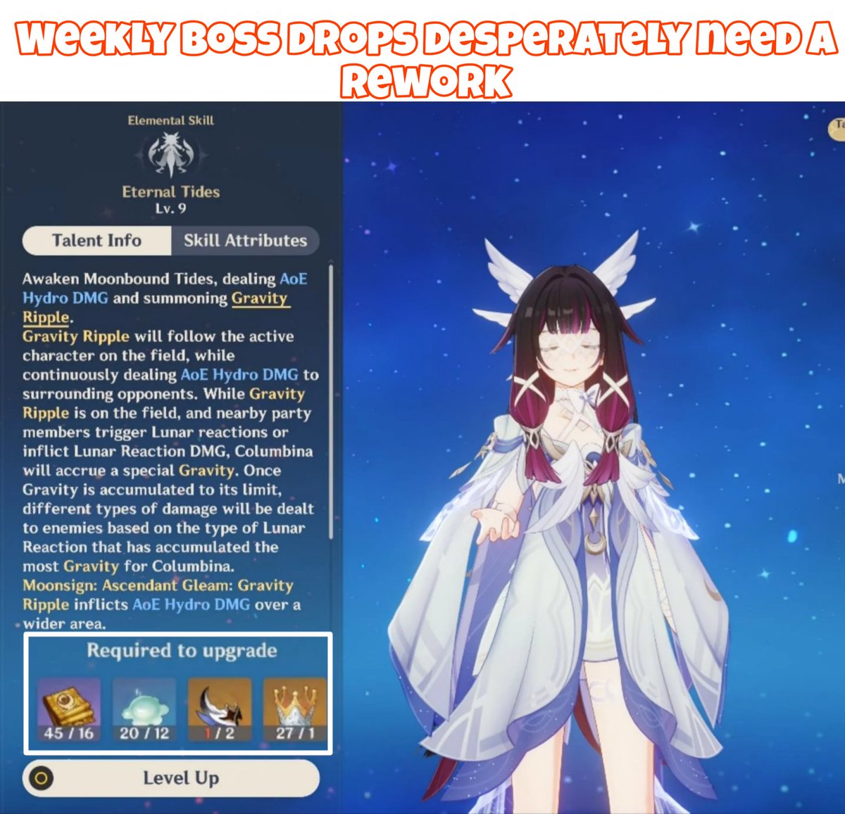 teyvattabloid's tweet photo. Don't know what they stand to gain by making the drops from these bosses terrible. Atleast guarantee a dream solvent every week or give one of each material

©️ u/StrangeBeat1009

#Genshinlmpact #Genshin #GenshinMemes https://t.co/WFlpZlHjmL