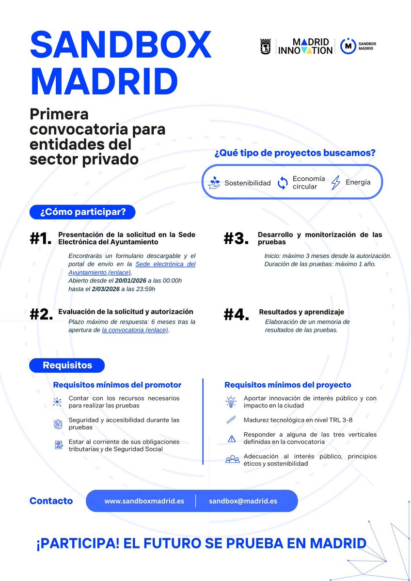 madridinnova's tweet image. ¿Tienes una solución innovadora y quieres probarla en la ciudad de Madrid?🌇

Ya está abierta la convocatoria del @sandbox_madrid para el sector privado

🗓️Hasta el 2 de marzo
🔗Más info: madridinnovation.es/iniciativas/sa…