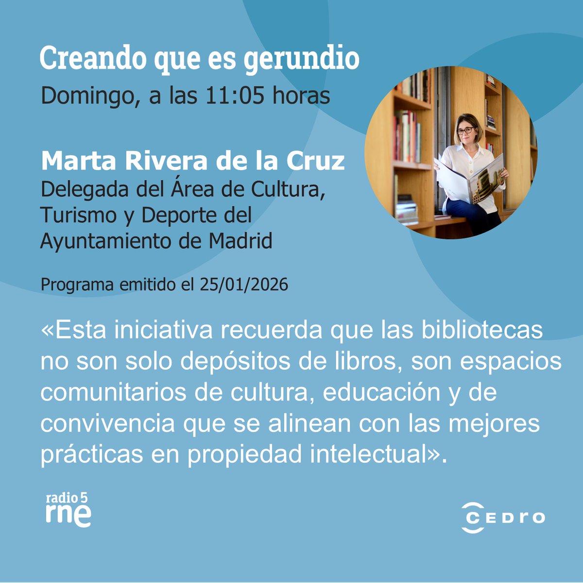 📚✨ Leer gratis y legal es posible
CEDRO y el Ayuntamiento de Madrid lanzaron hace unas semanas la campaña «La biblioteca, un camino seguro y legal hacia la lectura gratuita».

🎙️ Descubre en esta entrevista las claves de la iniciativa de la mano de Marta Rivera de la Cruz,