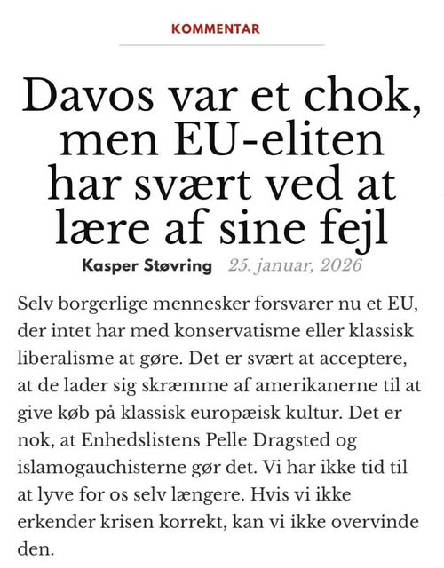 KasperStoevring's tweet photo. Vi har brug for et meget stærkere Europa.
Men i stedet for at gøre op med masseindvandring, overregulering, ineffektiv energi og censur, risikerer krisen at føre til en styrkelse af præcis den EU-elite, der har skabt Europas svaghed.
https://t.co/L4bqzeHOXD https://t.co/XzeYprmTOZ