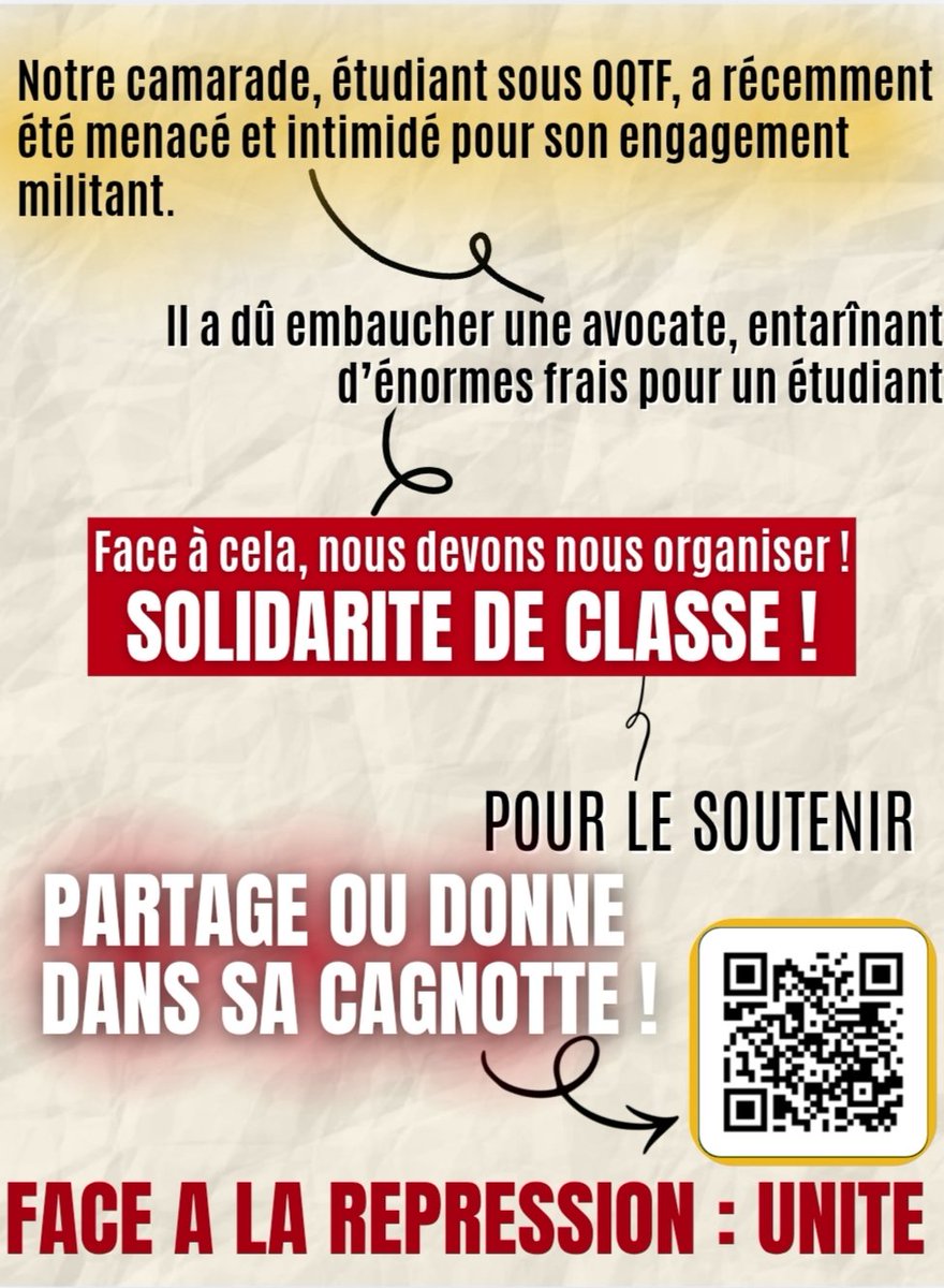 📣 RDV mercredi à 11h30 hall B pour notre repas solidaire en soutien à notre camarade sous OQTF !!

➡️ Pour le soutenir, tu peux partager et signer la pétition !!