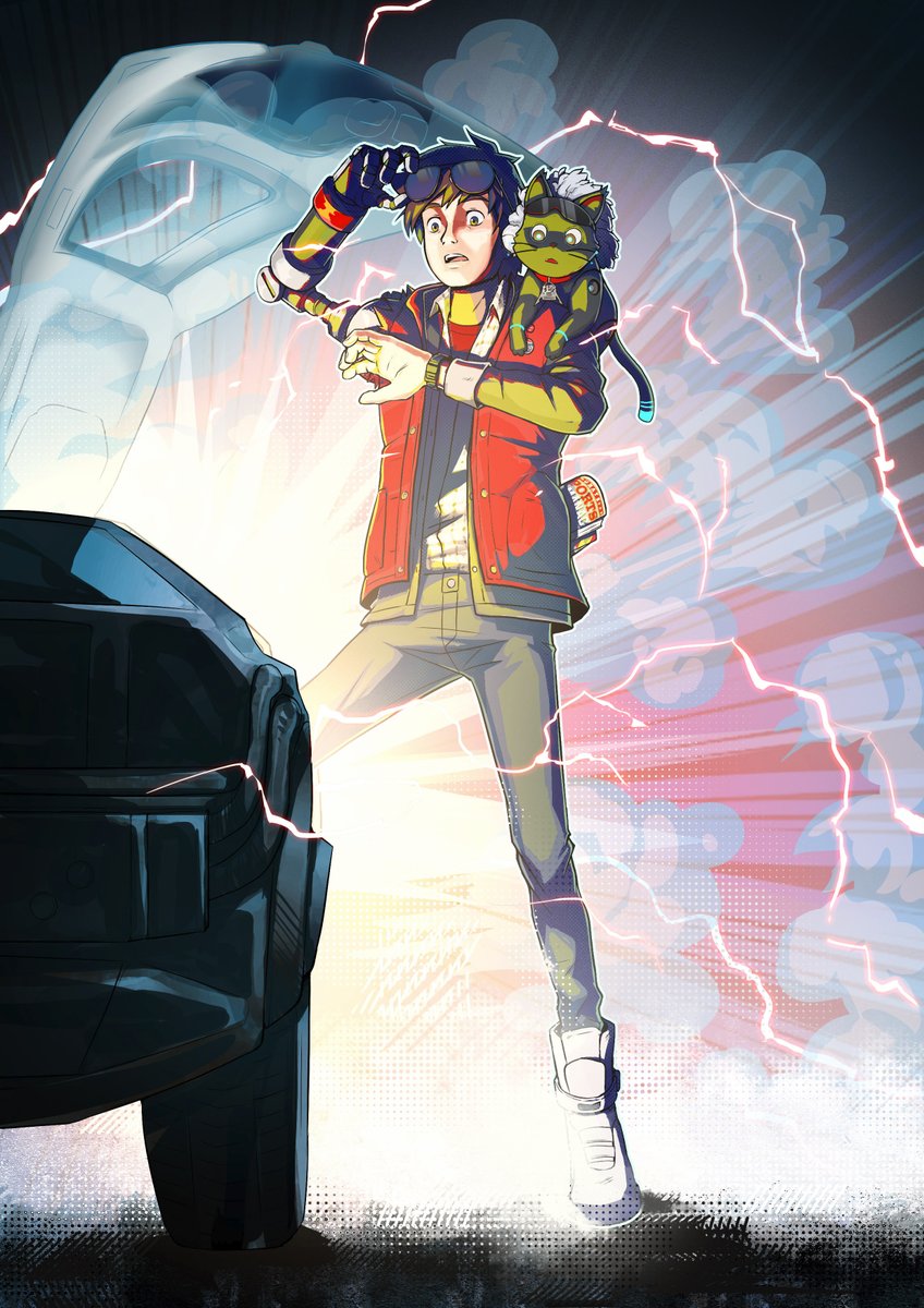 xannador's tweet image. "Happy 40th anniversary BACK TO THE FUTURE from Chai and 808 (ps. thanks for letting us use your time machine)"
commissioned by @ModernRep_27