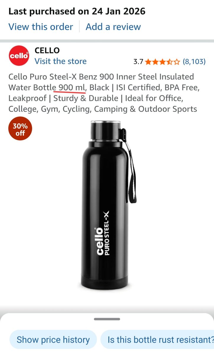 _shiv__ji's tweet photo. Ordered a 900 ml water bottle as shown on the app, but received only 650 ml.
This is misleading for customers. Please ensure product details match what’s delivered.
@amazonIN @AmazonHelp @retailez 
Sold by RetailEZ Pvt Ltd
#ConsumerRights #MisleadingAds #Amazon #retailez https://t.co/lUUyuRJt37