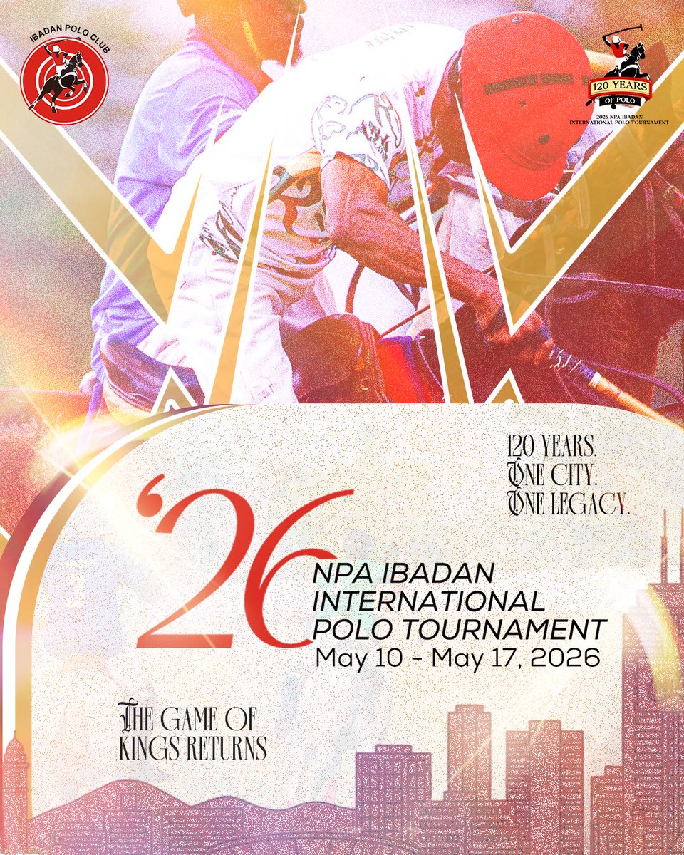 IbadanPoloClub's tweet photo. 120 years of history.
One city that shaped the game.
One legacy that still charges forward. 🔥 🐎 

The 2026 NPA Ibadan International Polo Tournament returns! ✨ 

🗓️ May 10 - 17, 2026
#TheGameOfKingsReturns #2026NPAIbadanPoloTournament #IbadanLovesPolo #IbadanPoloClub https://t.co/DZzI8KZJ8U