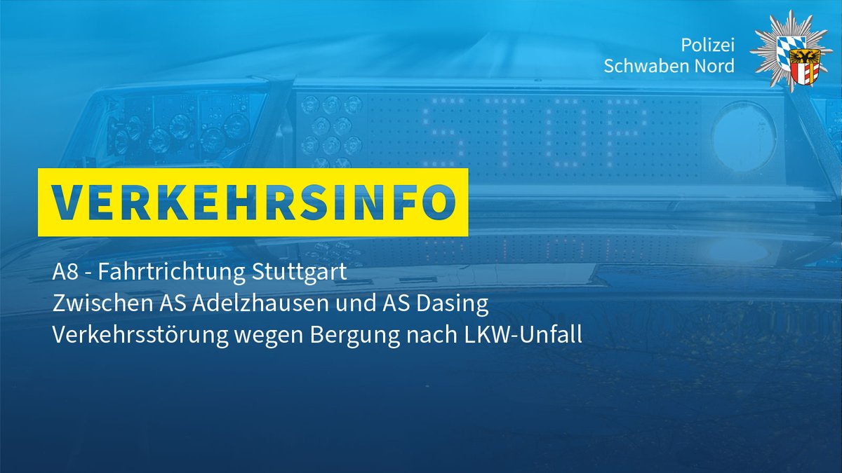 polizeiSWN's tweet photo. #Verkehrsunfall eines LKW auf der Autobahn A8, Fahrtrichtung Stuttgart, zwischen den AS #Adelzhausen und #Dasing.
Aufgrund von Bergungsarbeiten, kommt es zu Sperrungen auf der A8.
Bitte umfahrt diesen Bereich, wenn möglich oder plant längere Fahrtzeiten ein.
#PolizeiSWN https://t.co/e7i5aOieur