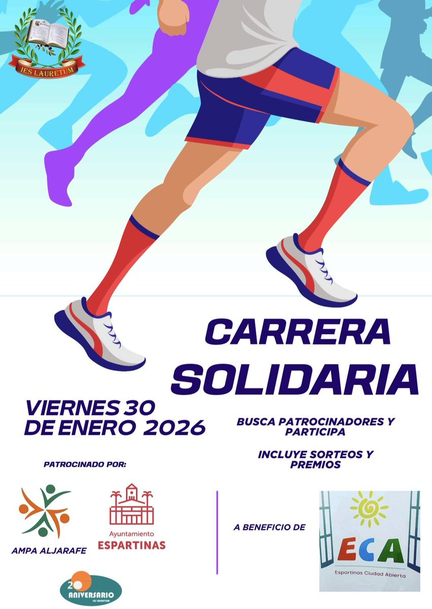 El próximo viernes 30 de enero, el <a href="/lauretum2005/">IES Lauretum</a>  se mueve por una buena causa a beneficio de ECA Espartinas🤝
Aquí tienes toda la programación:
👟 Carrera Solidaria
 * Participantes: 1º y 2º de ESO.
 * A partir de las 11:45h.
 * Alrededores del centro.