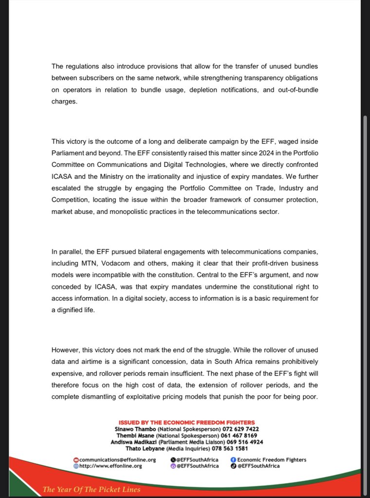 EFFSouthAfrica's tweet photo. The EFF’s Statement on ICASA Concession on Data Expiry

-This victory is the outcome of a long and deliberate campaign by the EFF, waged inside Parliament and beyond. The EFF consistently raised this matter since 2024 in the Portfolio Committee on Communications and Digital Technologies, where we directly confronted ICASA and the Ministry on the irrationality and injustice of expiry mandates. We further escalated the struggle by engaging the Portfolio Committee on Trade, Industry and Competition, locating the issue within the broader framework of consumer protection, market abuse, and monopolistic practices in the telecommunications sector.