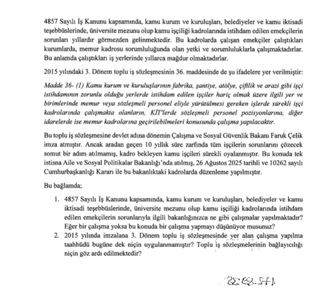 🚨 #SONDAKİKA

Kamuda görev yapan işçilerin memuriyet kadrosuna geçirilmesi için TBMM’ye soru önergesi verildi.

📌 Düzenleme hayata geçerse, yüz binlerce çalışanın statü ve özlük haklarında önemli değişiklikler gündeme gelebilir.

🔁 Paylaş | ⭐ Kaydet