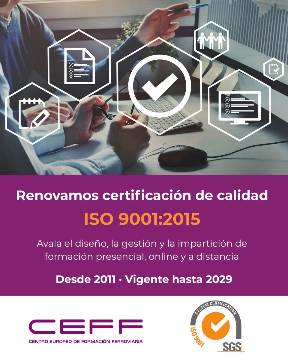 CEFF renueva su certificación ISO 9001:2015 hasta 2029.
Calidad certificada en formación ferroviaria presencial, online y a distancia, tras superar la auditoría de renovación.
#ISO9001 #CalidadCertificada #FormaciónFerroviaria #CEFF #MejoraContinua