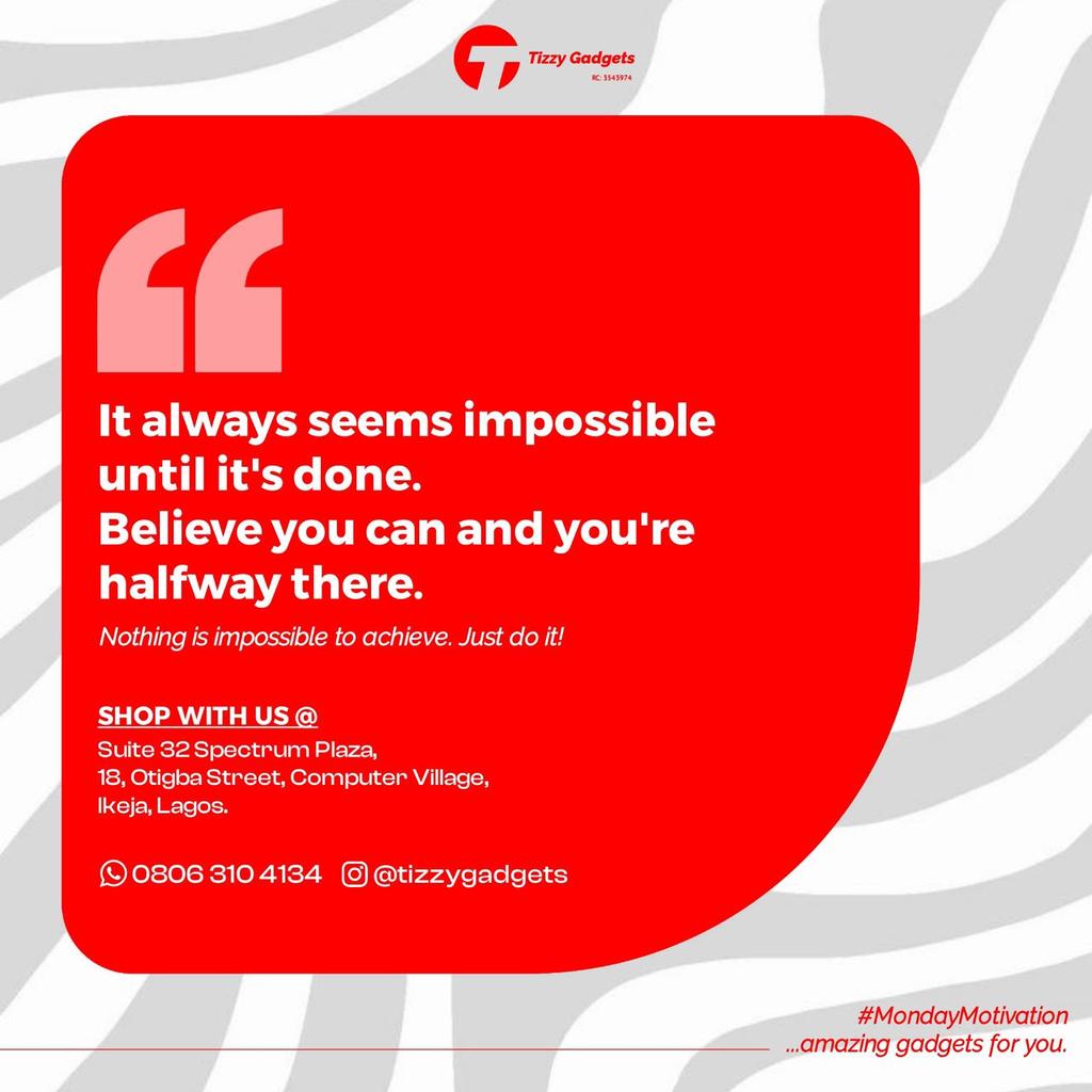 tizzydgreat_'s tweet image. Nothing is impossible — it only takes belief and action.
Start today. Finish strong. 💪
#MondayMotivation #BelieveAndAchieve #TizzyGadgets