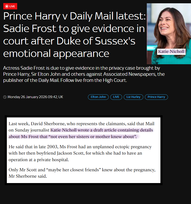 Nicomac_666's tweet image. What Katie Nicholl is alleged to have done is far worse than you might think. Actor Sadie Frost is set to testify in the case against the Daily Mail. The Daily Mail and its then journalist, Katie Nicholl, are alleged to have accessed Sadie Frost’s private medical information.
