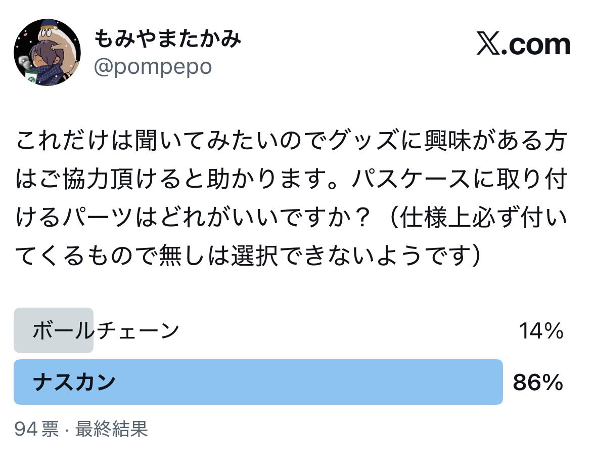 ご協力ありがとうございました。ナスカンが圧勝でしたので、ナスカンで行きます。（結果が出ましたのでアンケートは削除しました）