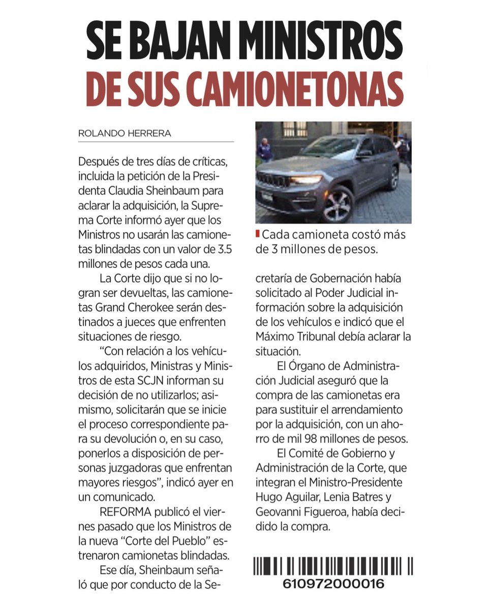 Juraron austeridad, compraron camionetas blindadas de lujo emplacadas en Morelos para evadir tenencias y lo justificaron con el cuento de “ahorrar mil millones”.

Los exhibieron, cancelaron la compra… y ahora ya no quieren ahorrar nada.

Los “ministros del pueblo” quedaron 🤡.