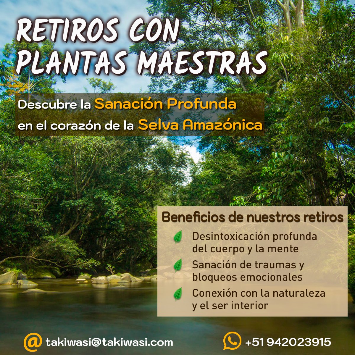 Beneficios de nuestros retiros con plantas maestras:
- Desintoxicación profunda del cuerpo y la mente
- Sanación de traumas y bloqueos emocionales
- Conexión con la naturaleza y el ser interior
- Acompañamiento terapéutico seguro y profesional

Reservas: jaime_torres@takiwasi.com