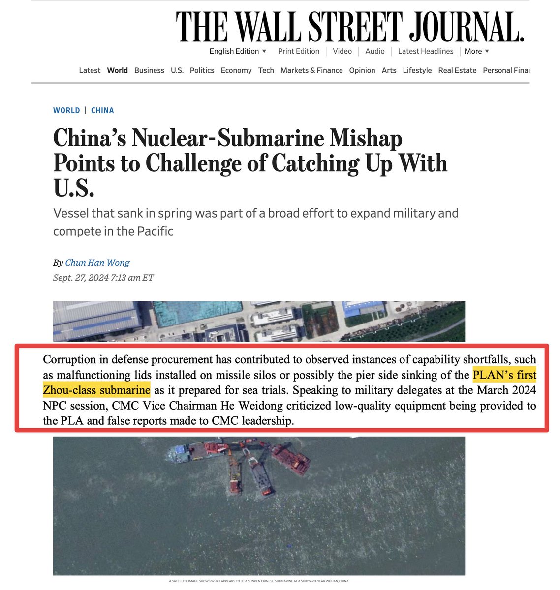 截至目前为止，我看到的对于WSJ报道的质疑，没有一个是能站得住脚的。现在的舆论氛围，与2024年9月何其相似，当时全网也是质疑WSJ报道潜艇在码头沉没是造谣，五角大楼最新的中国军力报告，其实直接证实了网络传言中关于“发射井盖故障”和“周级潜艇沉没”的部分。  翻译 ...