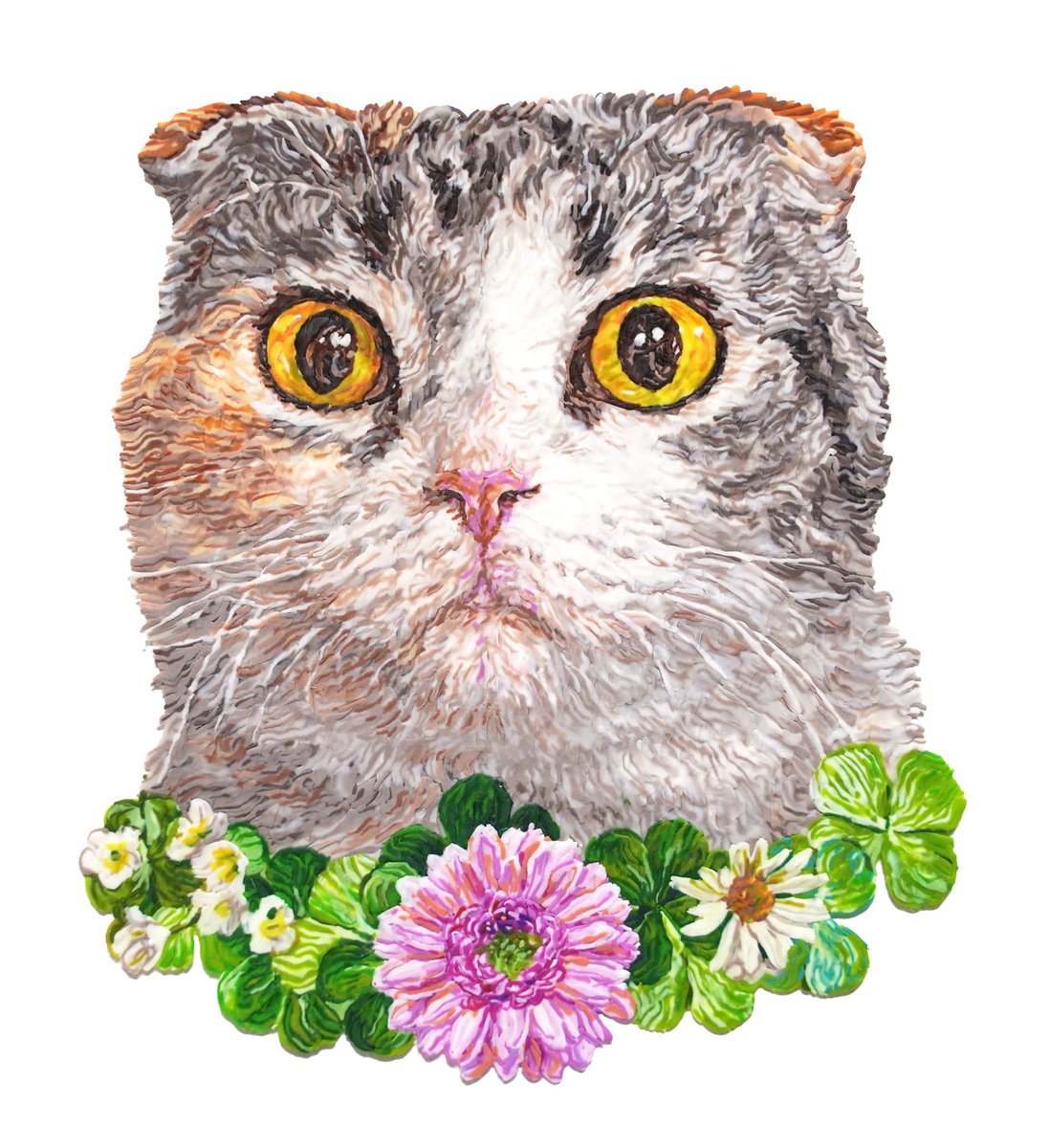 「粘土でつくった! スコティッシュフォールドとお花と植物たち完成しました!! 元気」|西浦 康太のイラスト