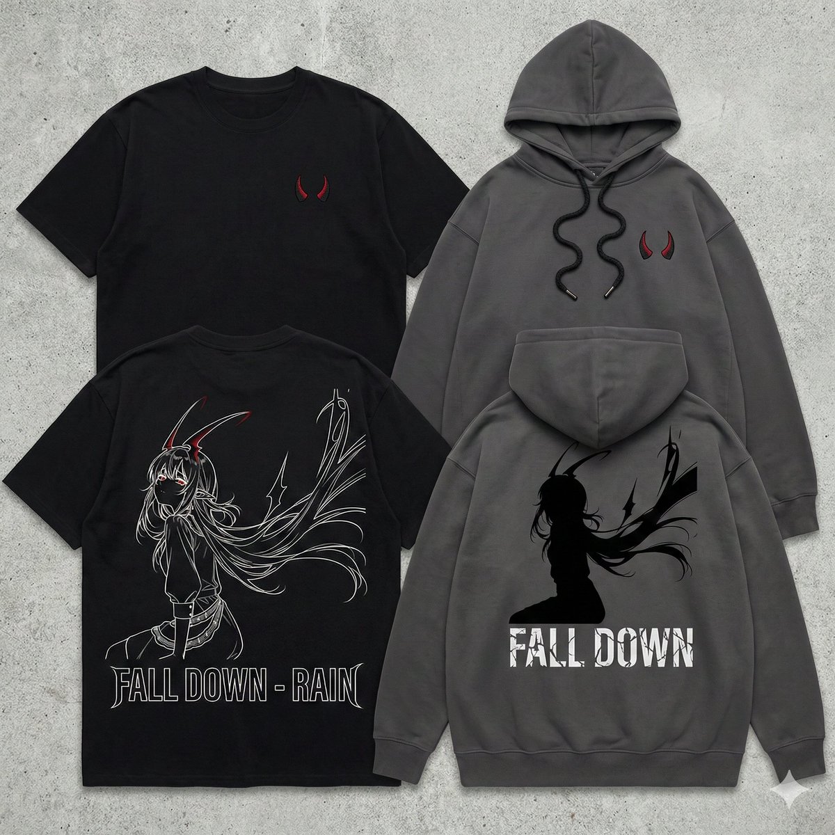CrossSacri's tweet photo. New Apparel Release
楽曲『Fall down』の世界観を纏う。
①繊細な線画と、象徴的な「赤」のアクセント。 ストリートに馴染む、ビッグシルエットTシャツ＆パーカーが登場。背中で語る、Rainの孤独と美しさ。
②モノクロの日常に、鋭利な「赤」を。
Rainの象徴である「ツノ」をモチーフにした、 イヤーカフ・ヘアピン・ネックレス。
銀色の冷たさと、毛先のような赤のグラデーション。 耳元や胸元で、静かに彼女の存在を感じてください。
【Fake画像】
#Falldown #Rain #OOTD #ストリートファッション #シルバーアクセサリー #推し活