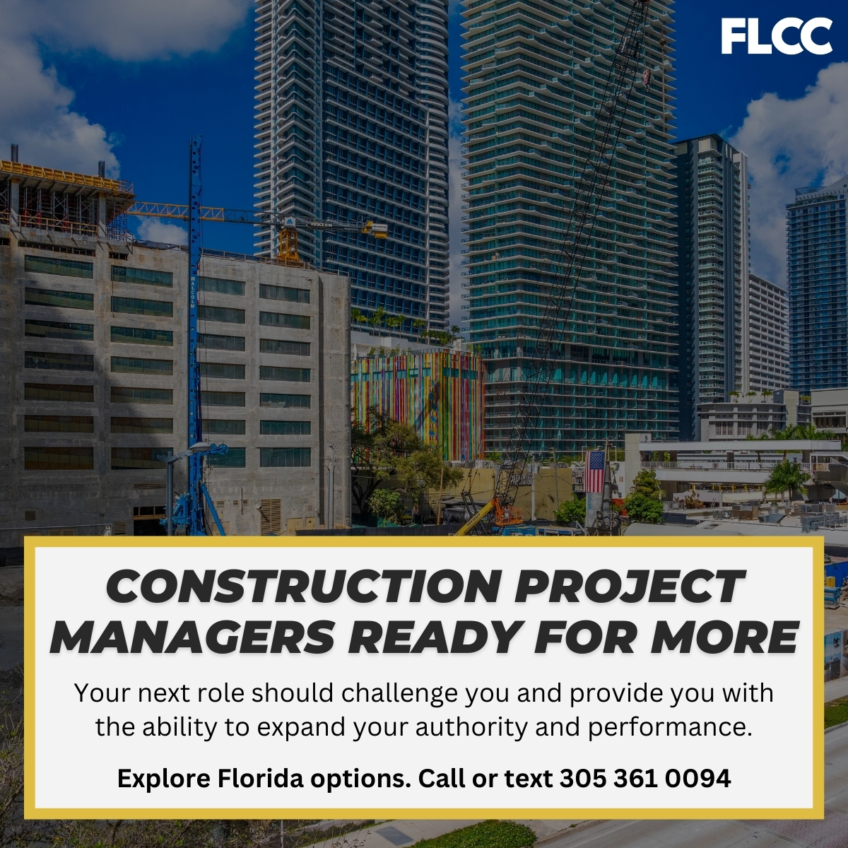 Construction Project Managers Ready for More

Your next role should challenge you and provide you with the ability to expand your authority and performance. 

Explore Florida options. Call or text 305 361 0094

#ProjectManagement #ConstructionLeadership #FloridaConstruction