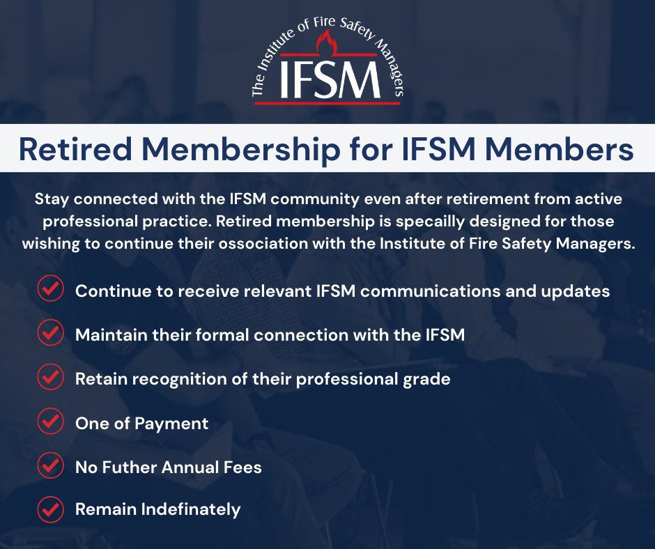 the_ifsm's tweet image. Stay connected, even after retirement🔥

Members who feel this option may be appropriate for them, either now or in the near future, are encouraged to contact the IFSM office for further details and guidance on the application process. #Firesafety #IFSM
