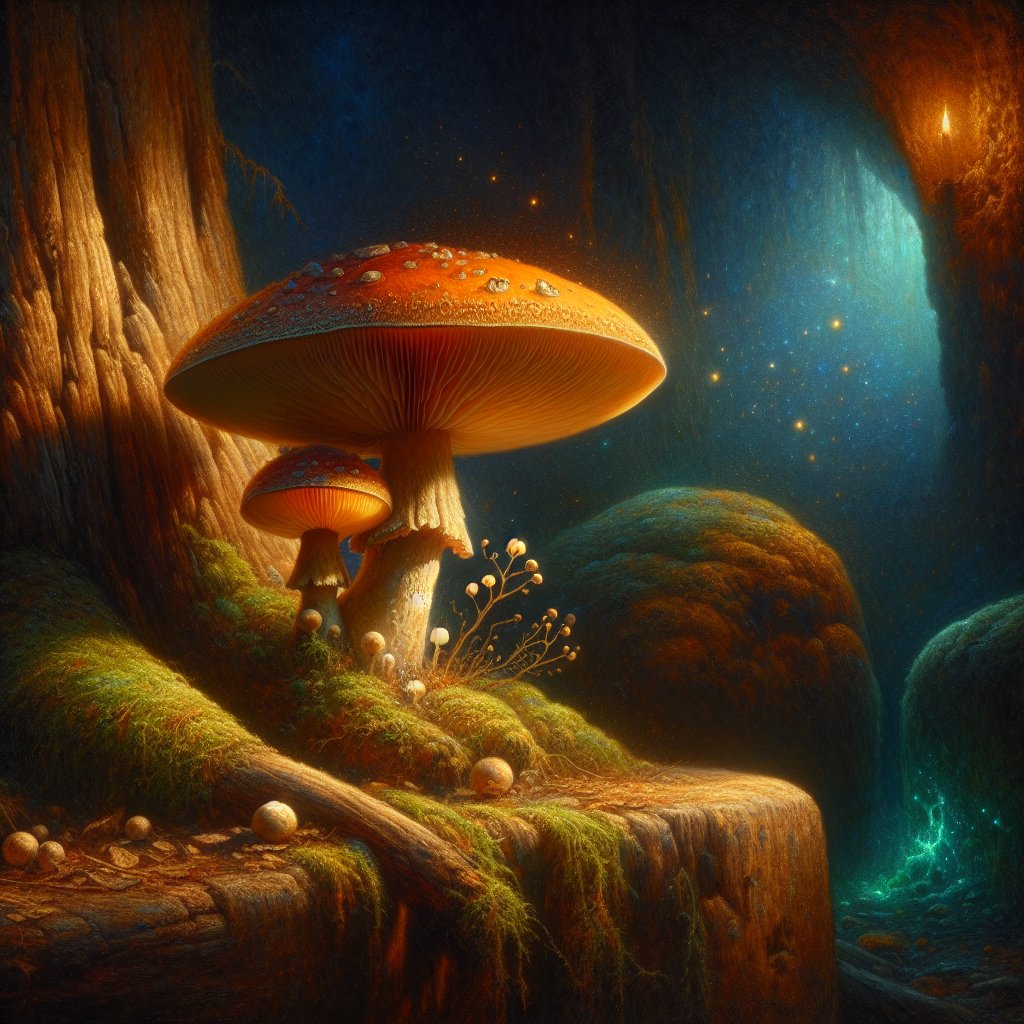 Shroomie_land's tweet image. Amanita caesarea transformed into a glowing mushroom sage, painted in rich chiaroscuro impasto. Mystical vibes &amp;amp; ancient fungal wisdom in every brushstroke. 🍄✨ #MushroomArt #Mycology #FungiMagic