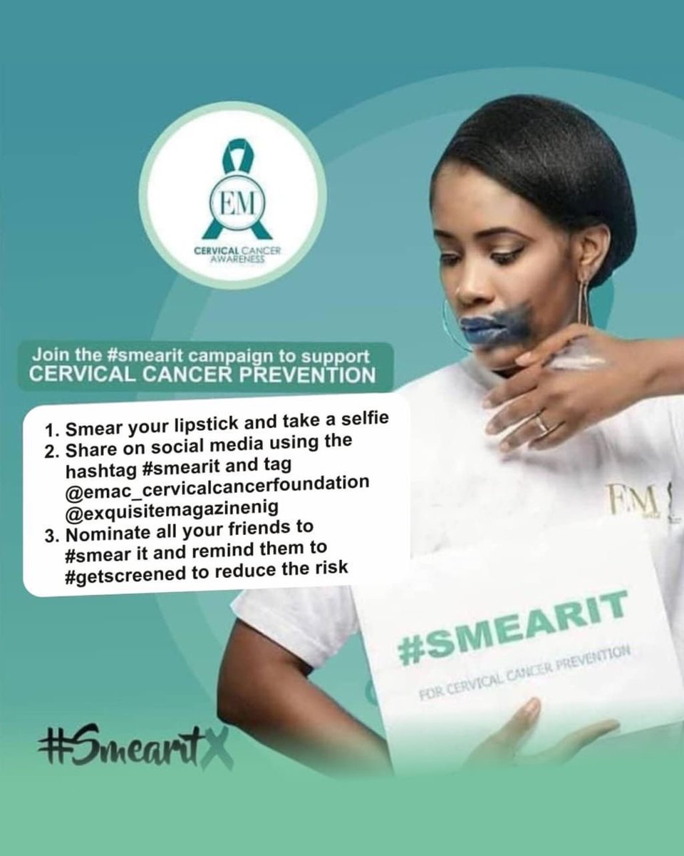bellanaija's tweet photo. January is Cervical Cancer Awareness Month, and @emac_cervicalcancerfoundation is leading a campaign to help prevent cervical cancer.

Their mission is simple, to raise awareness for prevention and reduce deaths through screenings and vaccination.

Here’s an invitation to join the #SMEARIT Challenge and make a difference:

1️⃣ Smear lipstick on your face
2️⃣ Take a photo or video
3️⃣ Post it and tag @emac_cervicalcancerfoundation
4️⃣ Use #SMEARIT
5️⃣ Challenge your friends to join
6️⃣ Learn more at https://t.co/YrI6teuyqW

Small action. Powerful impact.
Cervical cancer is preventable #SMEARIT today!

#BellaNaijaPartner