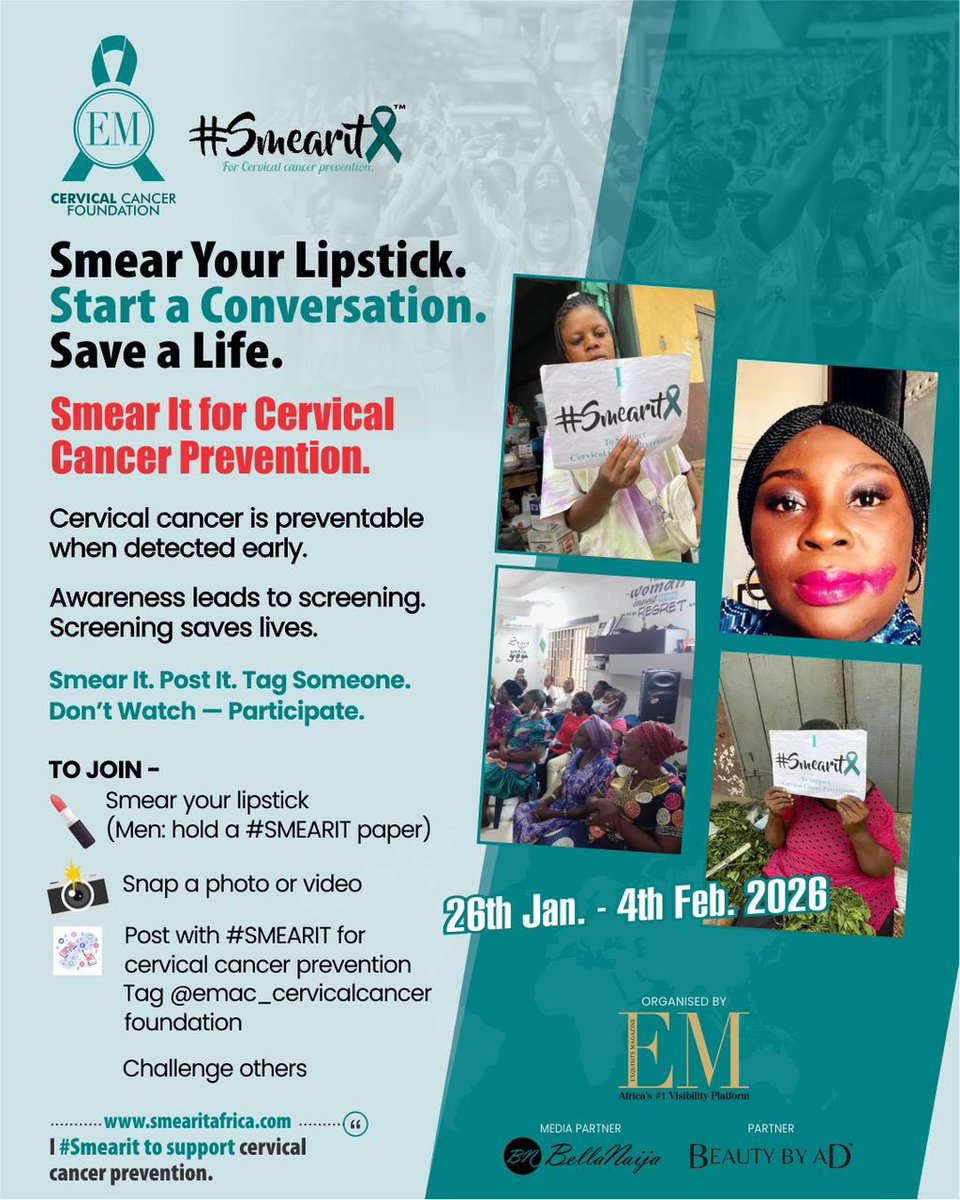 bellanaija's tweet photo. January is Cervical Cancer Awareness Month, and @emac_cervicalcancerfoundation is leading a campaign to help prevent cervical cancer.

Their mission is simple, to raise awareness for prevention and reduce deaths through screenings and vaccination.

Here’s an invitation to join the #SMEARIT Challenge and make a difference:

1️⃣ Smear lipstick on your face
2️⃣ Take a photo or video
3️⃣ Post it and tag @emac_cervicalcancerfoundation
4️⃣ Use #SMEARIT
5️⃣ Challenge your friends to join
6️⃣ Learn more at https://t.co/YrI6teuyqW

Small action. Powerful impact.
Cervical cancer is preventable #SMEARIT today!

#BellaNaijaPartner