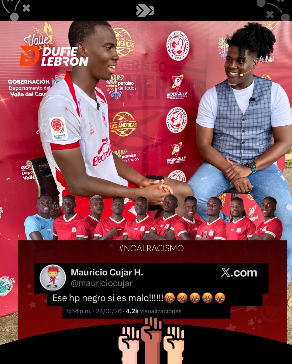 ✊🏾
Los insultos racistas no son opinión ni “calentura del fútbol”. Son violencia. <a href="/mauriciocujar/">Mauricio Cujar H.</a>, quien escribió “ese hp negro”, cruzó un límite. Llamado al <a href="/AmericadeCali/">América de Cali</a>, <a href="/tulioagomez/">Tulio A Gómez</a> y a sus directivos a pronunciarse para proteger a un jugador de 17 años.