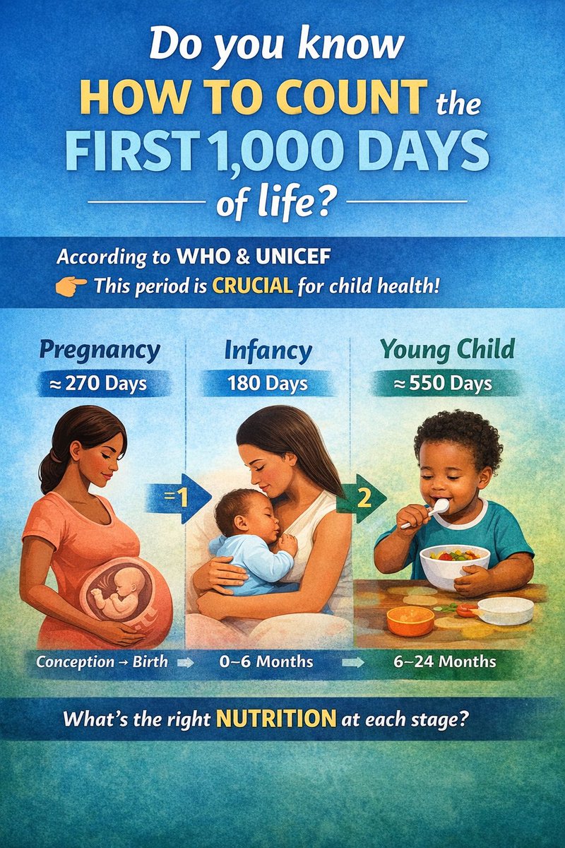 GedeonNiyigaba's tweet photo. The first 1,000 days (conception–24 months) are critical for growth and development.
I will be teaching how to calculate this period and the essential nutrition interventions for optimal child health.
Join the discussion.#First1000Days #NutritionEducation #MaternalAndChildHealth https://t.co/wtYKUM7CAj