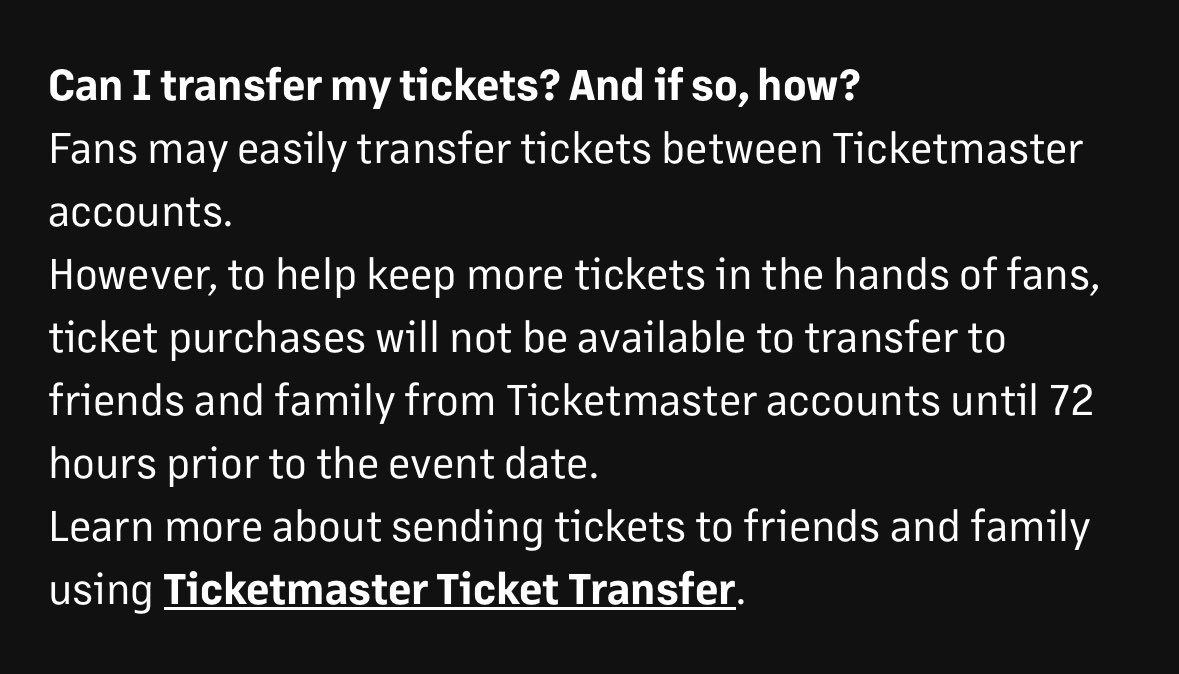 A reminder that Ticketmaster won’t allow tickets to be transferred yet &amp; will only open 72hrs before your intended show. 

Don’t purchase tickets from scammers claiming they can transfer tickets now even if they have screen recordings! Stay safe with your money ❤️