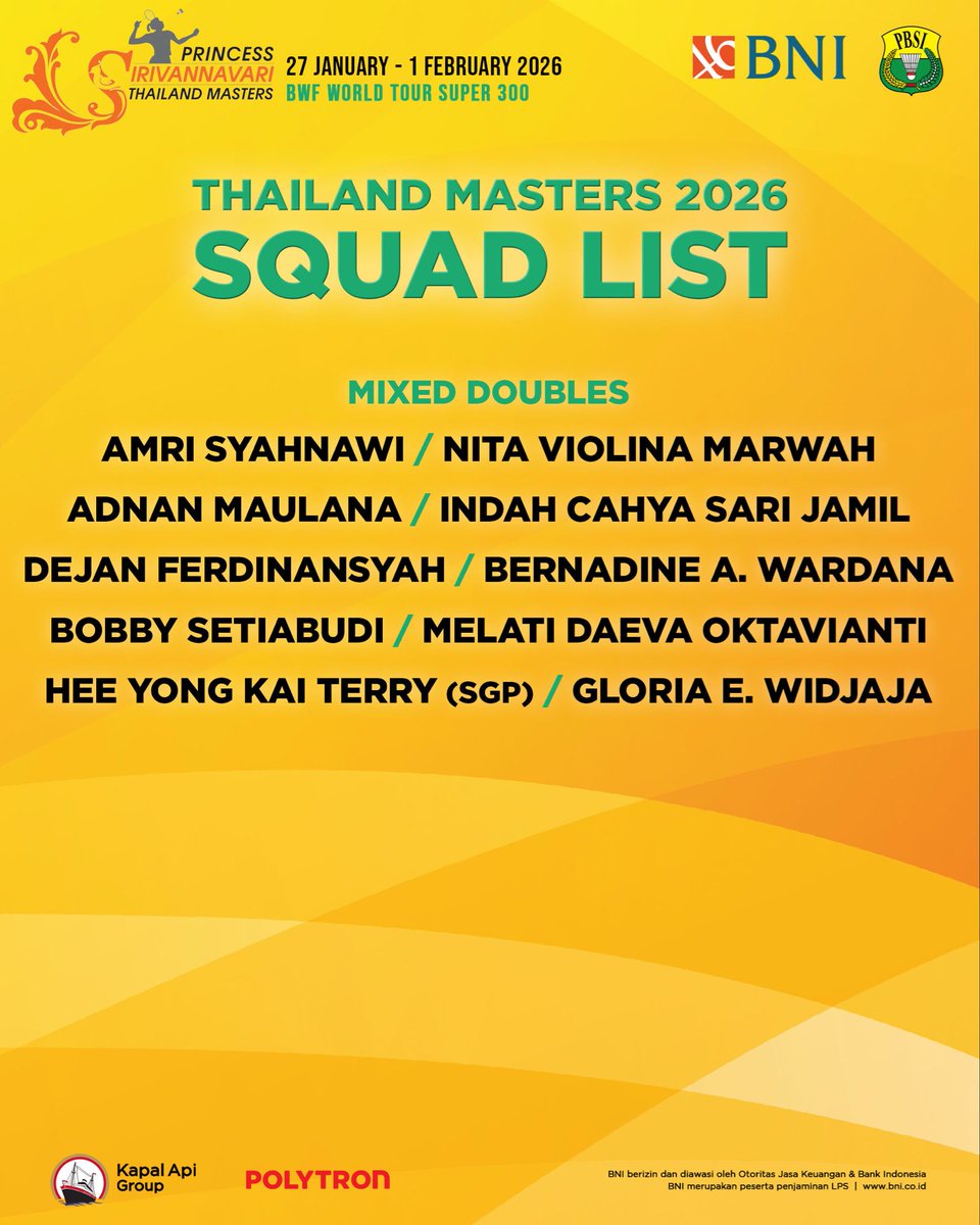 Tim bulutangkis Indonesia berburu gelar di Bangkok.

Berikut daftar wakil Merah-Putih di Thailand Masters 2026 yang akan berlangsung pada 27 Januari hingga 1 Februari di Nimibutr Arena.

Sayangnya, Anthony Sinisuka Ginting dan Jafar Hidayatullah/Felisha Alberta Nathaniel Pasaribu