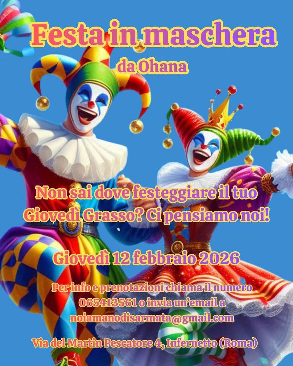 📣🎉 GIOVEDÌ GRASSO: ULTIMI POSTI PER LA FESTA IN MASCHERA DA OHANA  

🎭🪅Non sai dove andare il pomeriggio del giovedì grasso? Vieni da Ohana!  

🎊🗓️Giovedì 12 febbraio indossa la tua maschera migliore e dai inizio al divertimento 

☎️Fai presto, i posti stanno per terminare.