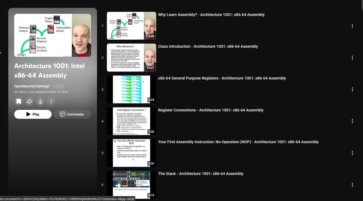 OpenSecurityTraining has this great introductory course to Architechture and Intel x86-64 ssembly:

youtube.com/playlist?list=…