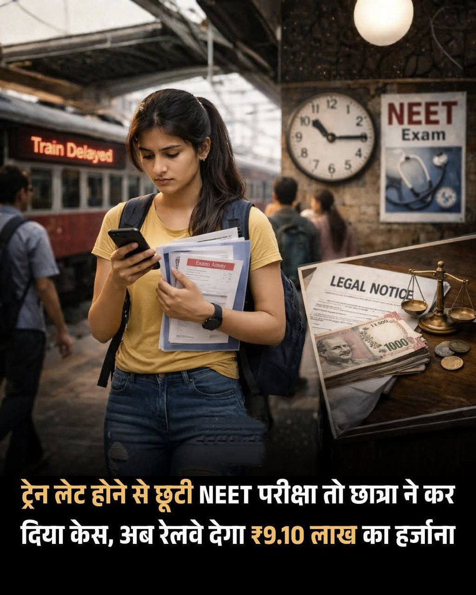 उत्तर प्रदेश के बस्ती ज़िले से आया यह फैसला केवल एक मुआवज़े की खबर नहीं है, बल्कि भारतीय रेलवे की वर्षों से चली आ रही लापरवाही पर एक करारा तमाचा है...!!😏

जिला उपभोक्ता आयोग ने रेलवे को आदेश दिया है कि वह एक छात्रा को 9 लाख 10 हजार रुपये का हर्जाना दे क्योंकि हमेशा की तरह लेट