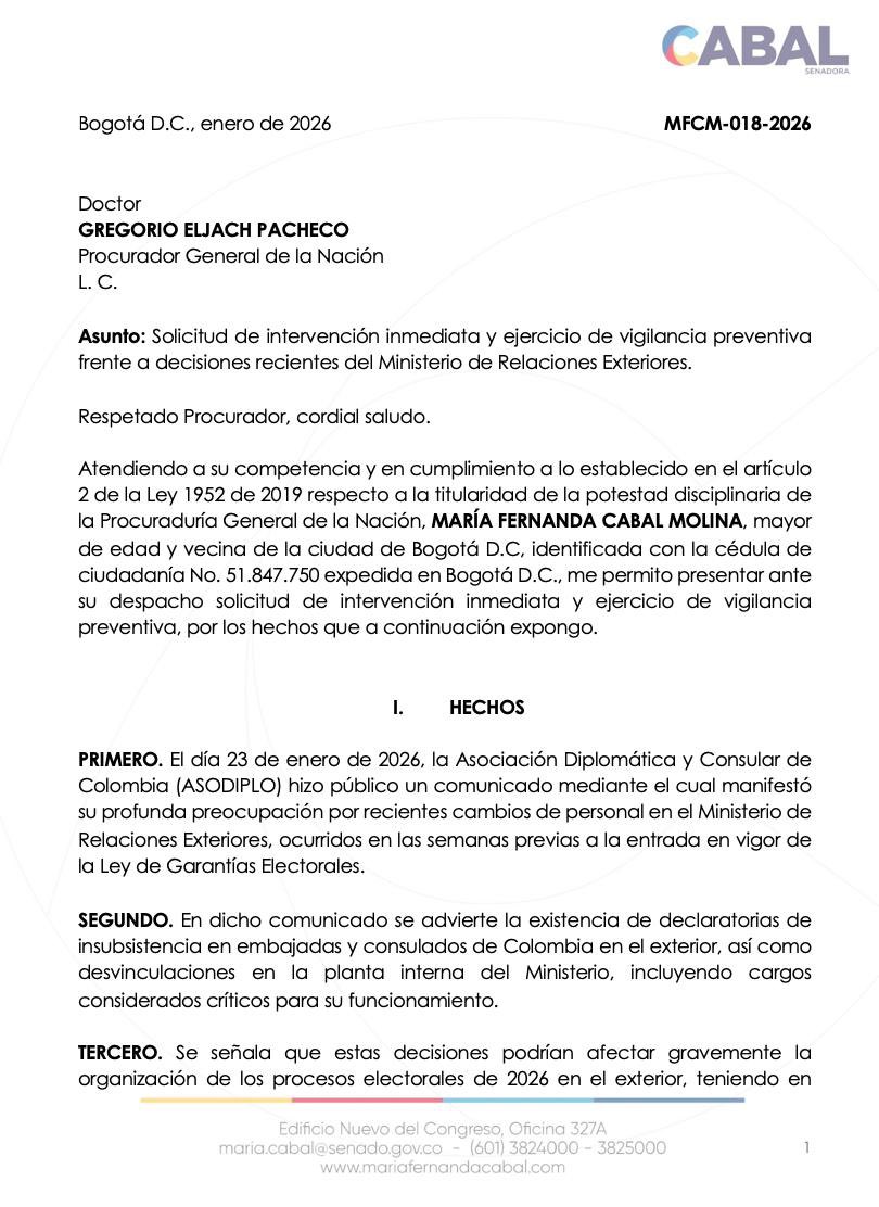 MariaFdaCabal's tweet photo. Estoy radicando ante la Procuraduría General de la Nación una intervención inmediata y vigilancia preventiva frente a decisiones recientes del Ministerio de Relaciones Exteriores, que podrían poner en riesgo la organización del voto en el exterior y violar la Ley de Garantías Electorales.

Cambios abruptos de personal, falta de transparencia en los nombramientos y ausencia de diálogo institucional son señales graves de una posible afectación al servicio exterior y al derecho al voto de millones de colombianos en el exterior.