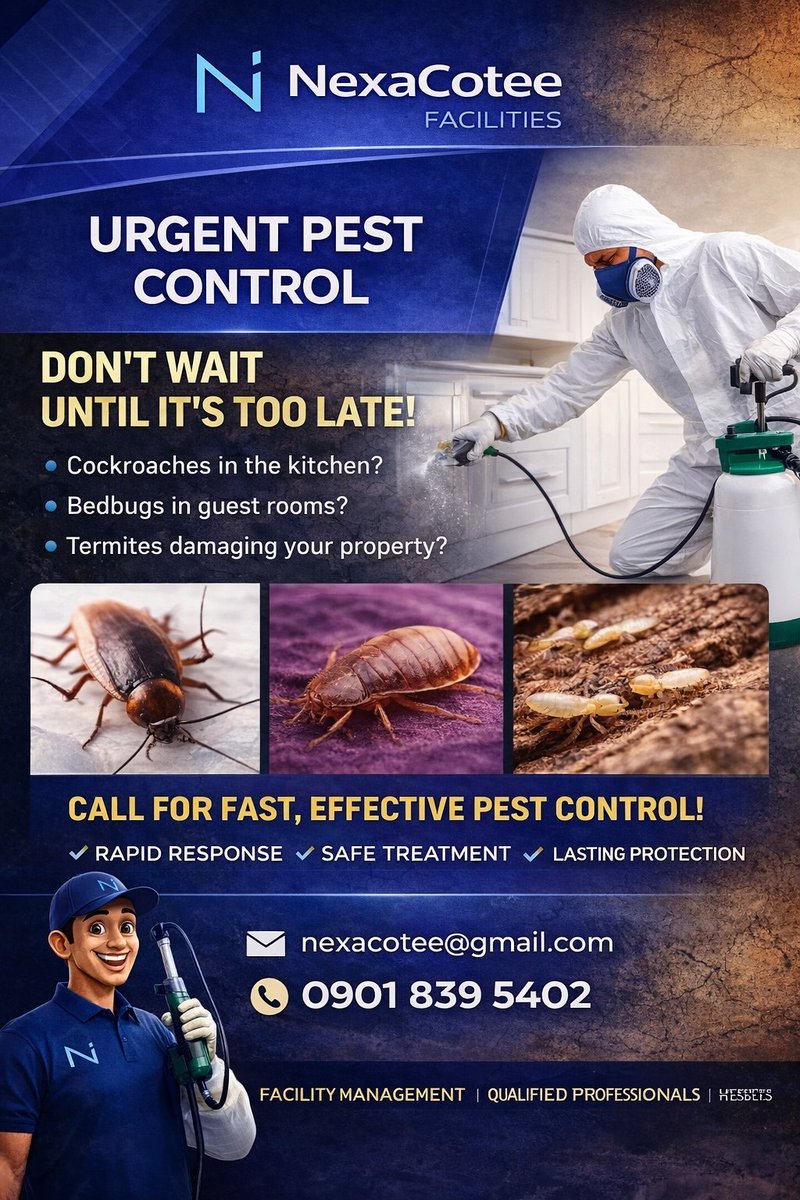NexaCotee's tweet photo. 🚨 Pest Problems? NexaCotee Facilities Has You Covered! 🚨
From cockroaches to termites, we deliver fast, safe &amp; professional facility pest control across Nigeria. 🇳🇬

📞 09018395402
📧 nexecotee@gmail.com

#NexaCoteeFacilities #FacilityManagement #PestControl https://t.co/YhxTAVXOhw
