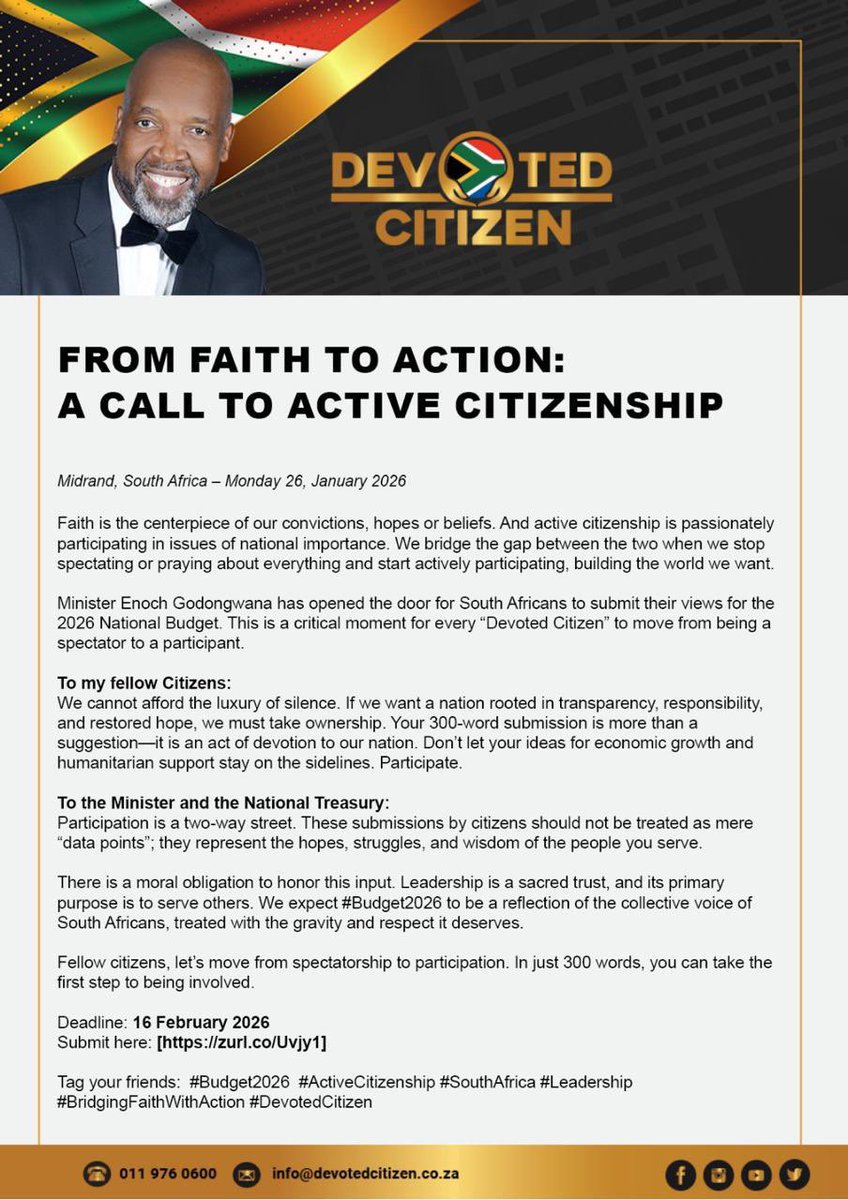 mathebula_chris's tweet photo. This is our moment to move from spectatorship to participation. The 2026 National Budget is open for public input,and your voice matters.

In just 300 words, you can help shape a transparent, responsible, and hope-filled South Africa.
Submit here: https://t.co/PCIyhowhJz https://t.co/BlzXCmSmxj