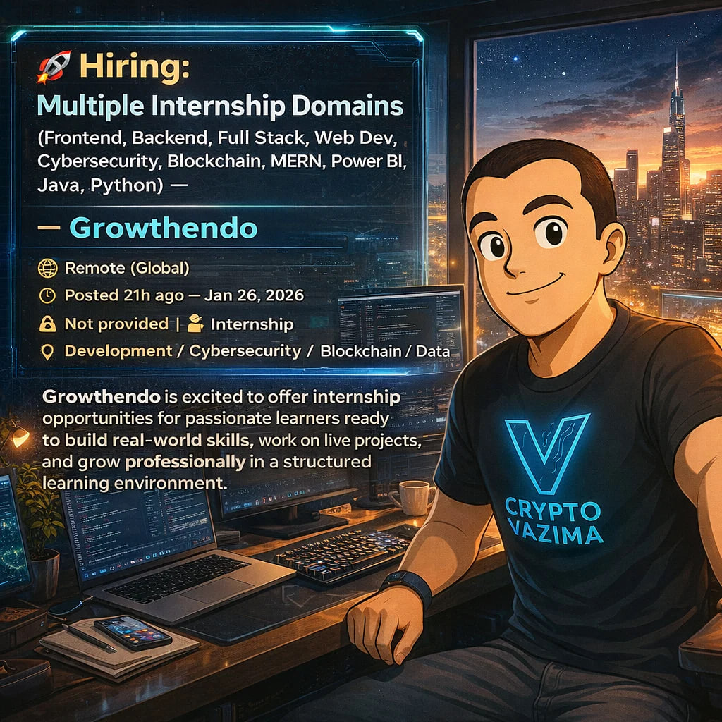 🚀 Hiring: Internships — Frontend/Backend/Full Stack/Web/Cybersecurity/ Blockchain/MERN/Power BI/Java/Python — Growthendo 📍 Remote (Global) | 💼  Internship | 🧑‍💻 Multiple Tech Domains | 💰 Not provided | 🕐 Posted 21h  ago — Jan 26,
