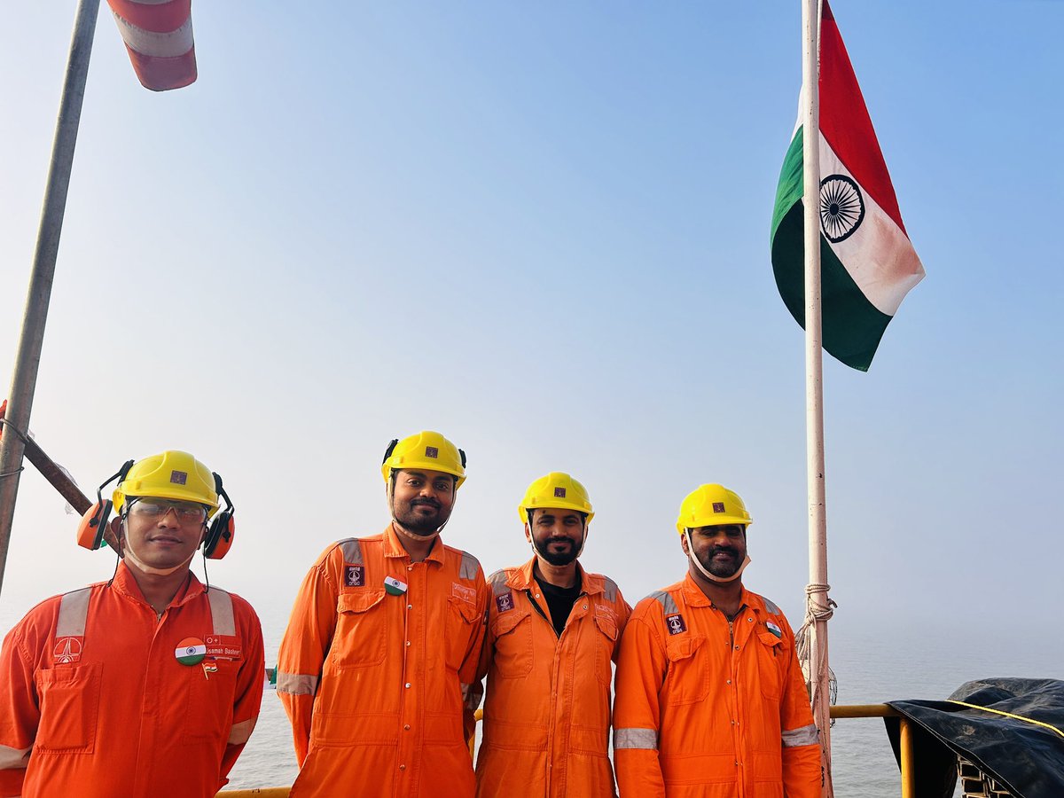 ONGC_'s tweet image. Miles away from land. Anchored in duty. 

On #RepublicDay, as the #Tricolour rises high across #ONGC’s offshore installations, BPA, BPB, B193, Panna–Mukta, Tapti and NBP D-1, our Offshore Oil &amp;amp; Gas Soldiers stand tall amid the vast Arabian Sea.

Surrounded by waves, guided by