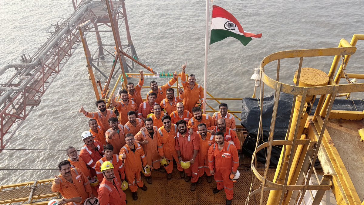 ONGC_'s tweet image. Miles away from land. Anchored in duty. 

On #RepublicDay, as the #Tricolour rises high across #ONGC’s offshore installations, BPA, BPB, B193, Panna–Mukta, Tapti and NBP D-1, our Offshore Oil &amp;amp; Gas Soldiers stand tall amid the vast Arabian Sea.

Surrounded by waves, guided by